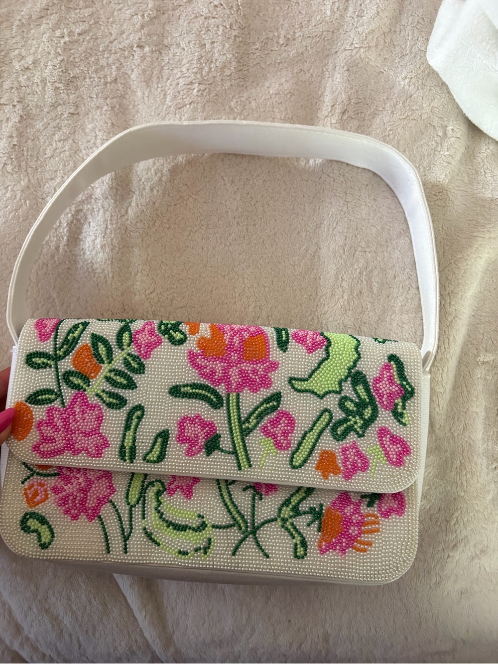 White Floral Beaded Shoulder Bag with Pink & Green Accents